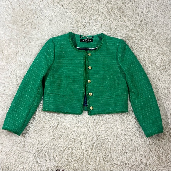 J. Crew Louisa Lady Summer Green Sequin Tweed Knit Gold Button Jacket | Size 6 - Picture 4 of 16